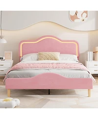 Gaomon Velvet Led Bed Frame with Adjustable Headboard, Princess Platform Bedframe for Kids/Girls