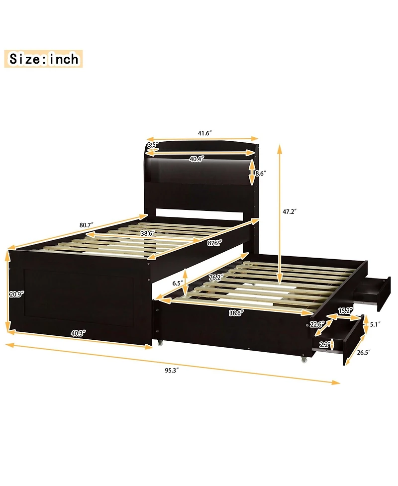 Boyel Living Twin Xl Platform Bed with Storage Led Headboard, Charging Station, Trundle and 2 Drawers