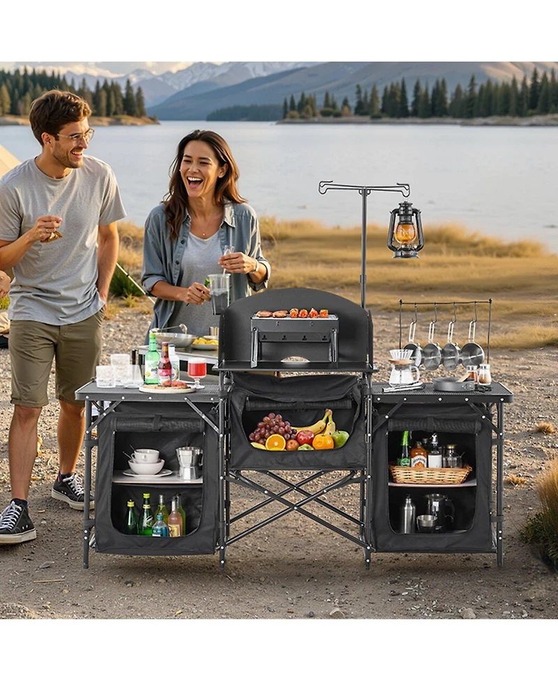 Mecale Camping Kitchen Table, Aluminum Portable Cook Station with 3 Storage Cupboards, Detachable Windscreen, Carrying Bag, Black