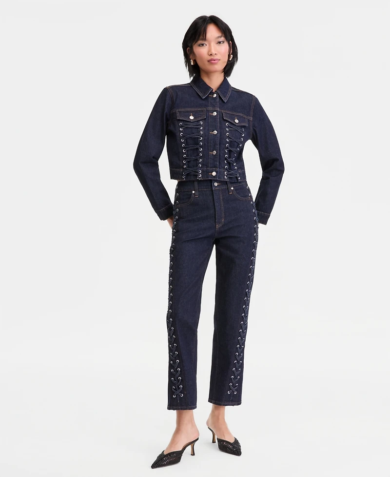 I.n.c. International Concepts Women's Cropped Lace-Up Denim Jacket, Macy's Exclusive