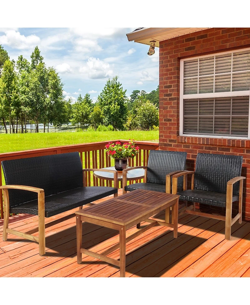 Slickblue 4PCS Patio Rattan Seating Set with Acacia Wood Base
