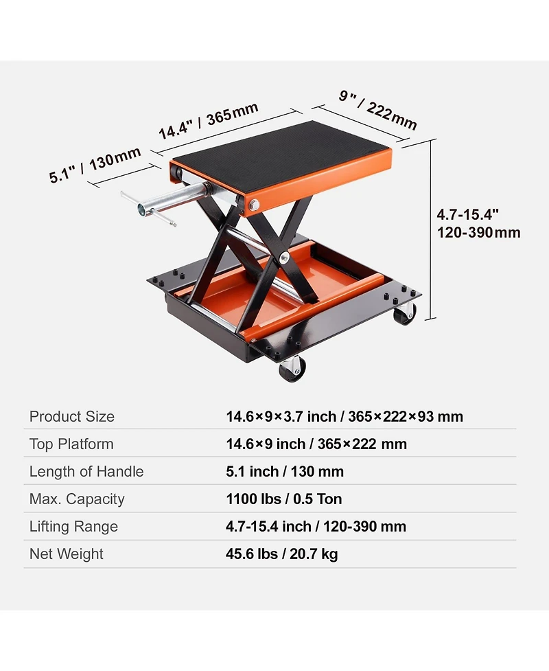 Mecale Motorcycle Lift, 1100 lb Scissor Lift Jack with Dolly & Hand Crank, Wide Deck, Tool Tray, Center Hoist Stand