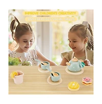 Bruce & Shark 15-Piece Wooden Tea Set for Kids, Pretend Play Toy with Teapot, Cups & Treats