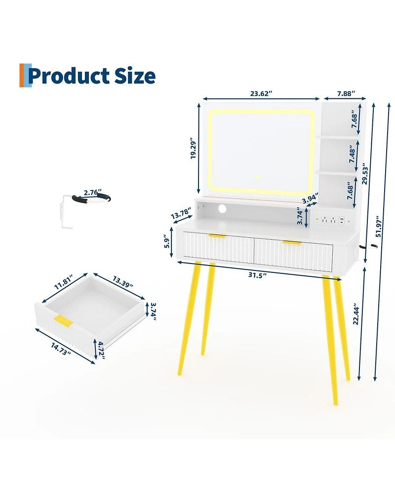 gaomon 31 in Small Makeup Vanity Desk, Mid Century Modern Vanity Table with Mirror and Lights, Dressing Table with Storage Cabinet & 2 Drawers