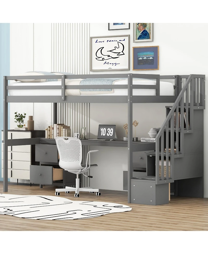 Boyel Living Twin Loft Bed Frame with Built-in Desk and Double Storage Drawers