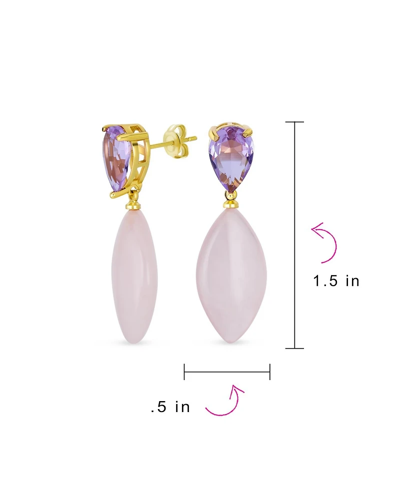 Bling Jewelry Pink Quartz Rhombus Teardrop Purple Cz & Dangling Earrings Gold Plated