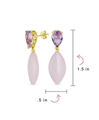Bling Jewelry Pink Quartz Rhombus Teardrop Purple Cz & Dangling Earrings Gold Plated
