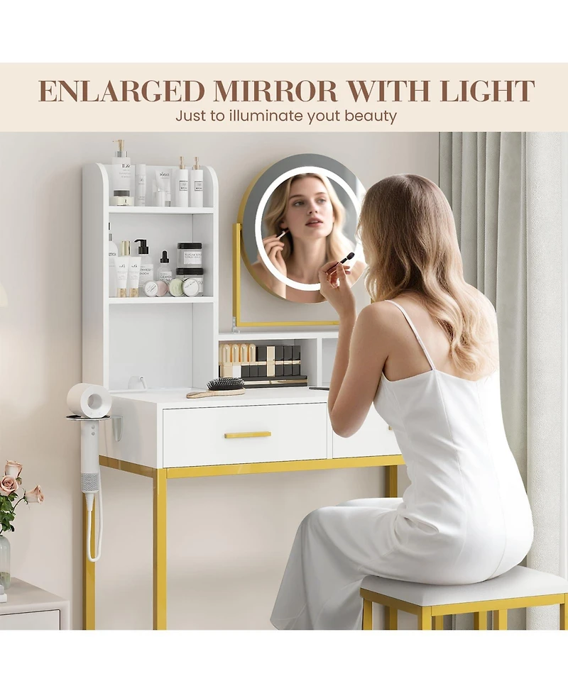 gaomon Vanity Desk with Rotating Mirror & Adjustable Light, Makeup Dressing Table with Power Outlet, 2 Drawers & Shelves, Includes Stool for Bedroom