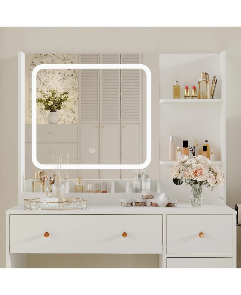 gaomon Makeup Vanity Desk with Led Mirror & Power Outlet,Vanity Set Storage Drawers,Shelves Stool
