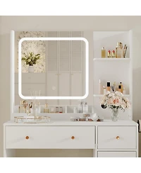 gaomon Makeup Vanity Desk with Led Mirror & Power Outlet,Vanity Set Storage Drawers,Shelves Stool