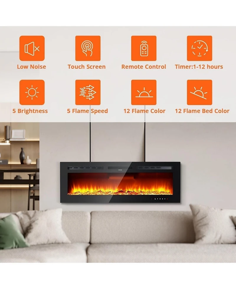 Gaomon 90" Electric Fireplace Insert, Ultra-Slim Wall Mounted/Recessed Heater, 12 Flame Colors, WiFi, Remote & Touchscreen, Adjustable Thermostat