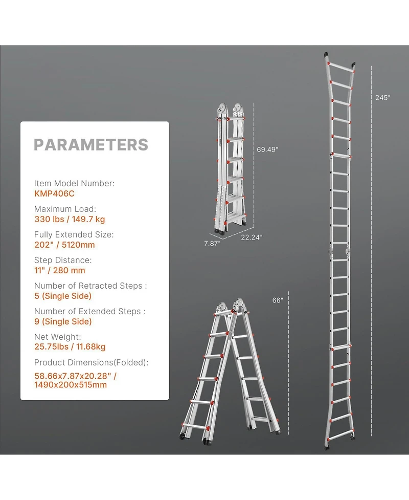 Mecale 20.5 ft Telescoping A-Frame Ladder, Compact Aluminum Multi-Function Extension Ladder, Collapsible Design, 330 lb Load Capacity