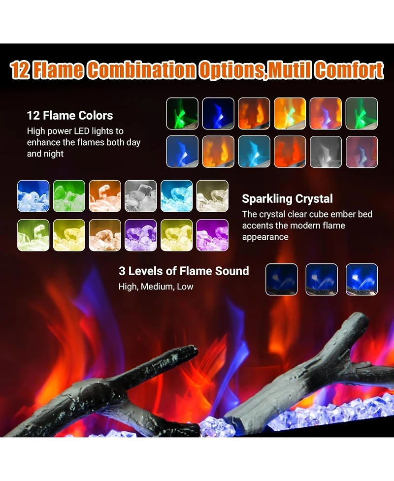 Gaomon 88" Smart Electric Fireplace, Wall Mounted/Recessed, WiFi, Remote & Touch, 750W/1500W Dual Heat, Adjustable Flame, Timer, Log & Crystal De