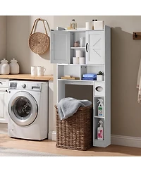 Volenca Over-the-Toilet Storage Cabinet, 66.14" Bathroom Space Saver with Double Doors, Adjustable Shelf & Open Shelf, White