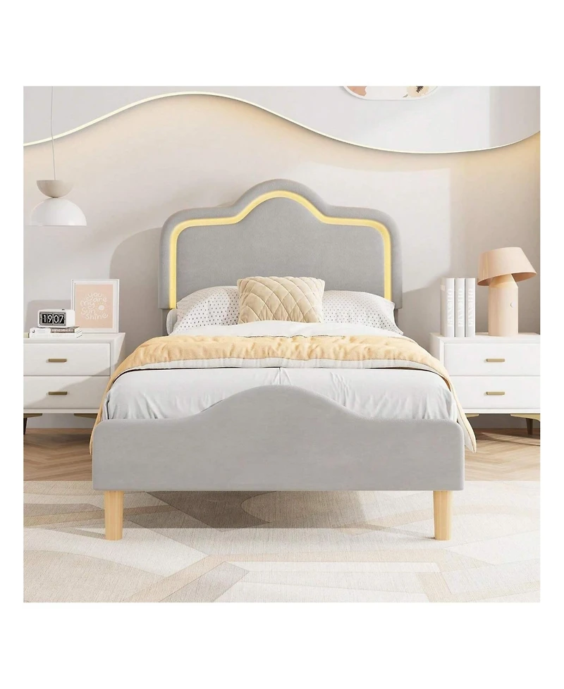 gaomon Upholstered Led Bed Frame with Headboard and Footboard Velvet Princess Platform Bedframe for Kids or Girls Wooden Slats Support No Box Spring