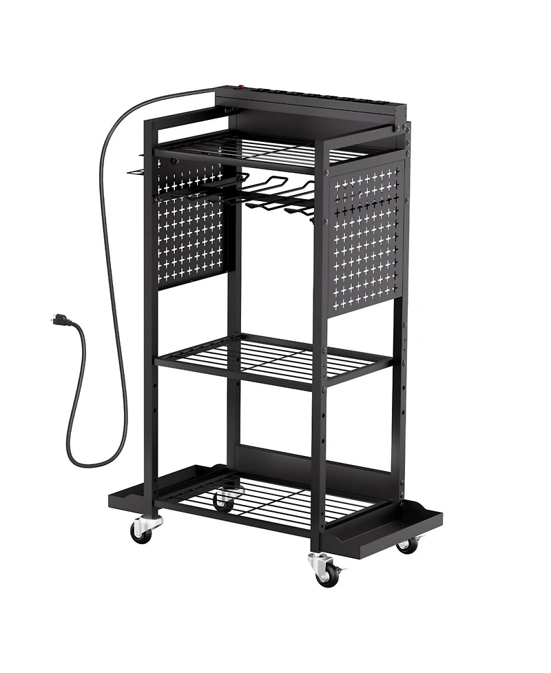 Mecale 4-Tier Tool Organizer Cart with Charging Station, 8 Ac Outlets, Rolling Drill Holder & Tool Battery Storage Rack, Wheels, Garage Use