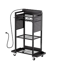 Mecale 4-Tier Tool Organizer Cart with Charging Station, 8 Ac Outlets, Rolling Drill Holder & Tool Battery Storage Rack, Wheels, Garage Use