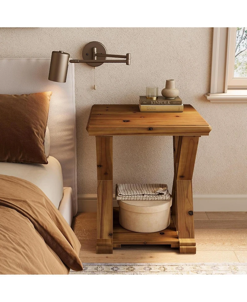 Tribesigns Solid Wood Side Table, Farmhouse Narrow Nightstand, Small Square 2-Tier End Table