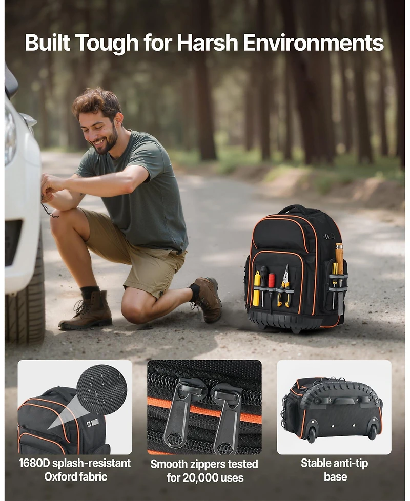 Mecale Rolling Tool Backpack on Wheels, 110 lb Capacity, 45 Pockets, Heavy-Duty Tool Organizer, Telescoping Handle, Stable Base