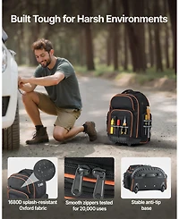 Mecale Rolling Tool Backpack on Wheels, 110 lb Capacity, 45 Pockets, Heavy-Duty Tool Organizer, Telescoping Handle, Stable Base