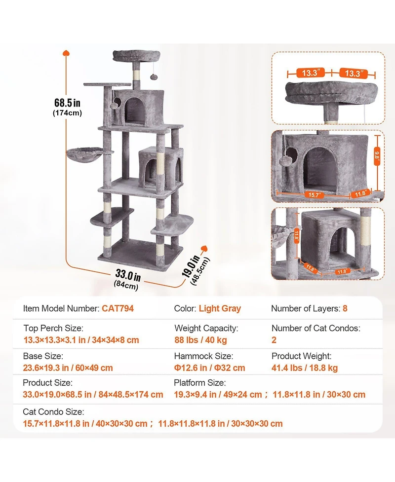 Cozito 68.5" Multi-Level Cat Tree with 2 Condos