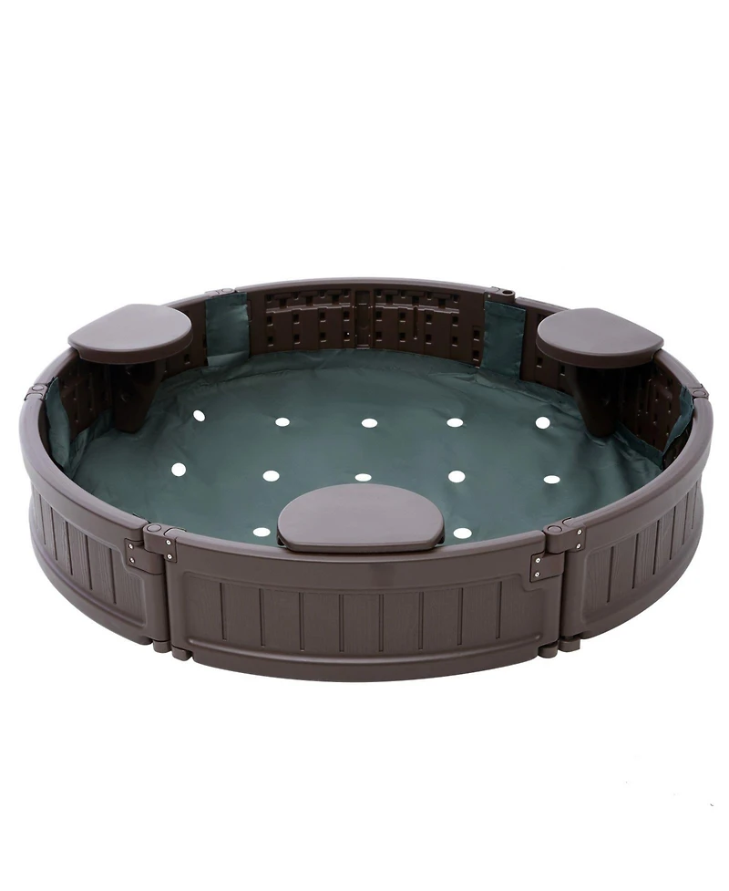 Mecale Round Sandbox w/ Cover, 47.2" x 9.1", Hdpe w/ 3 Corner Seats & Bottom Liner, Ages 3-12