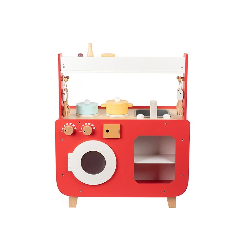 Bruce & Shark Wooden Kids Play Kitchen Toy Set with Washer, Oven, Realistic Sink & Storage