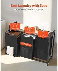 Ecooso 3-Section Laundry Sorter, Large Hamper with Wood Top, Metal Frame, Pull-Out 600D Oxford Cloth Bags, Freestanding Organizer