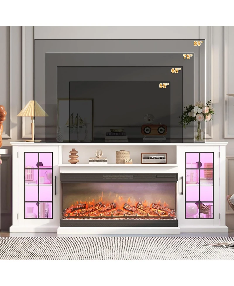 Gaomon 75" 3-Sided Glass Fireplace Tv Stand for TVs Up to 85", 40" Electric Fireplace, Rustic Distressed Media Console with Glass Doors