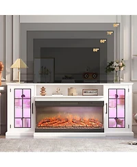 Gaomon 75" 3-Sided Glass Fireplace Tv Stand for TVs Up to 85", 40" Electric Fireplace, Rustic Distressed Media Console with Glass Doors