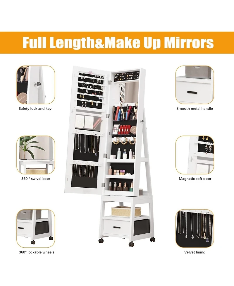gaomon 360° Swivel Jewelry Armoire with Storage Shelf & Drawer – 66" H Full-Length Mirror Floor Standing Organizer Wheels