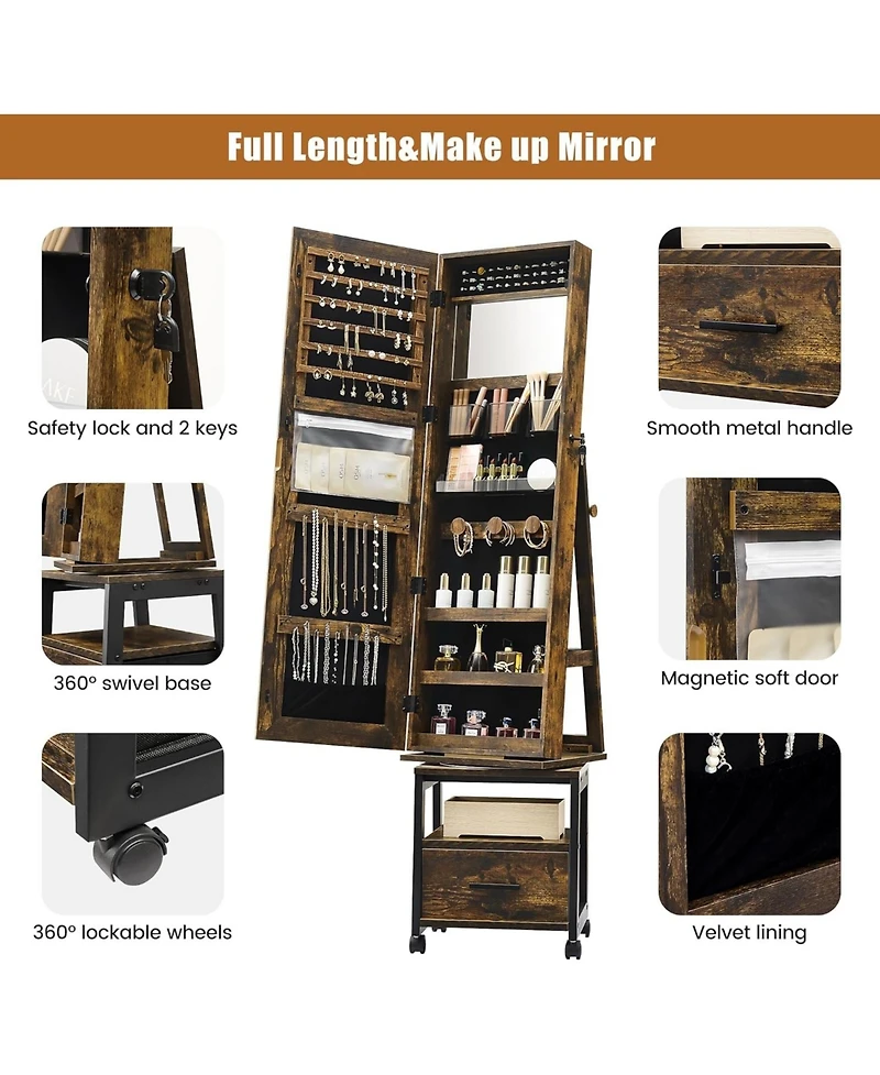 gaomon 360° Swivel Jewelry Armoire with Storage Shelf & Drawer – 66" H Full-Length Mirror Floor Standing Organizer Wheels