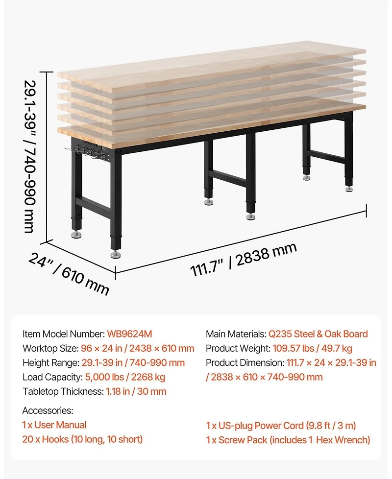 Mecale 96" Adjustable Workbench, 5000 lb Capacity, 96 x 24" Oak Wood Top, 4 Ac Outlets & 2 Usb Ports, Heavy-Duty Worktable