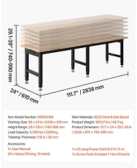 Mecale 96" Adjustable Workbench, 5000 lb Capacity, 96 x 24" Oak Wood Top, 4 Ac Outlets & 2 Usb Ports, Heavy-Duty Worktable