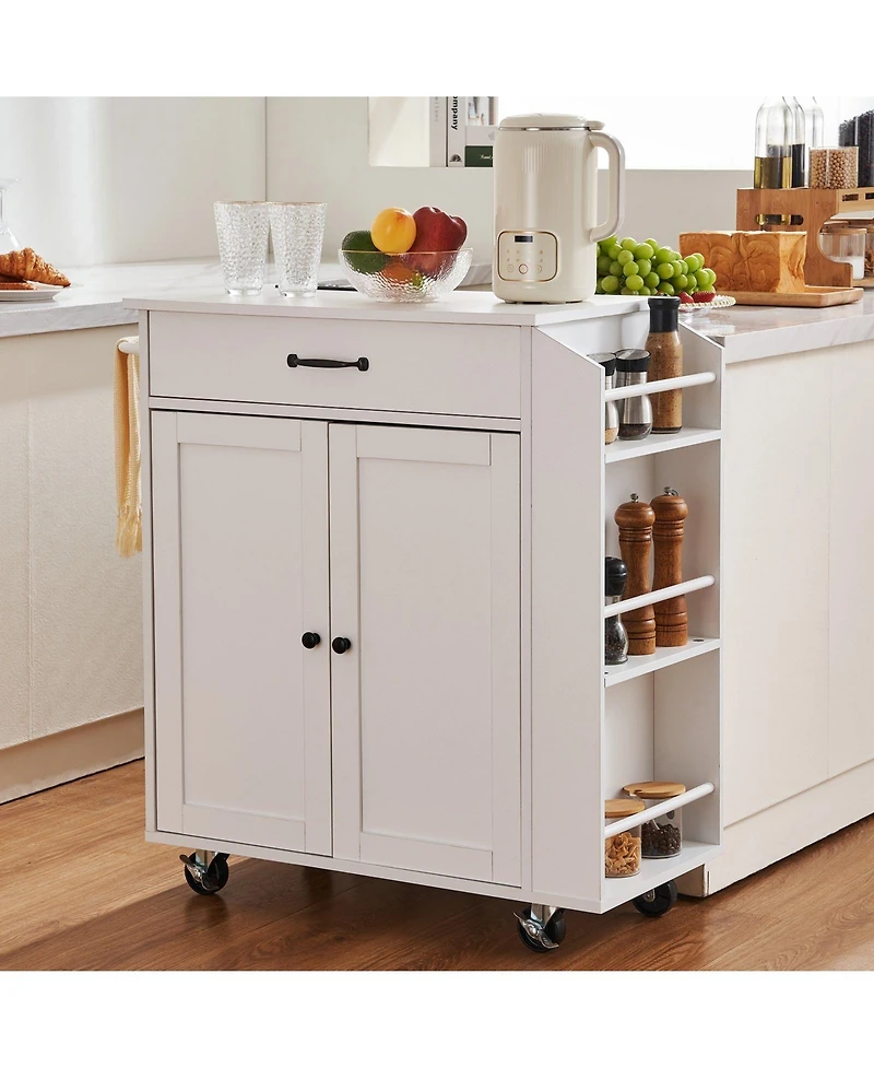 Volenca 32" Kitchen Island Cart with Power Outlet, Storage Cabinet, Drawer, Adjustable Shelf, Spice Rack, Towel Bar, Rolling, White