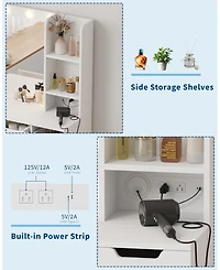 Modern Vanity Desk with Mirror, Power Outlet, 4 Drawer & Three Level Storage