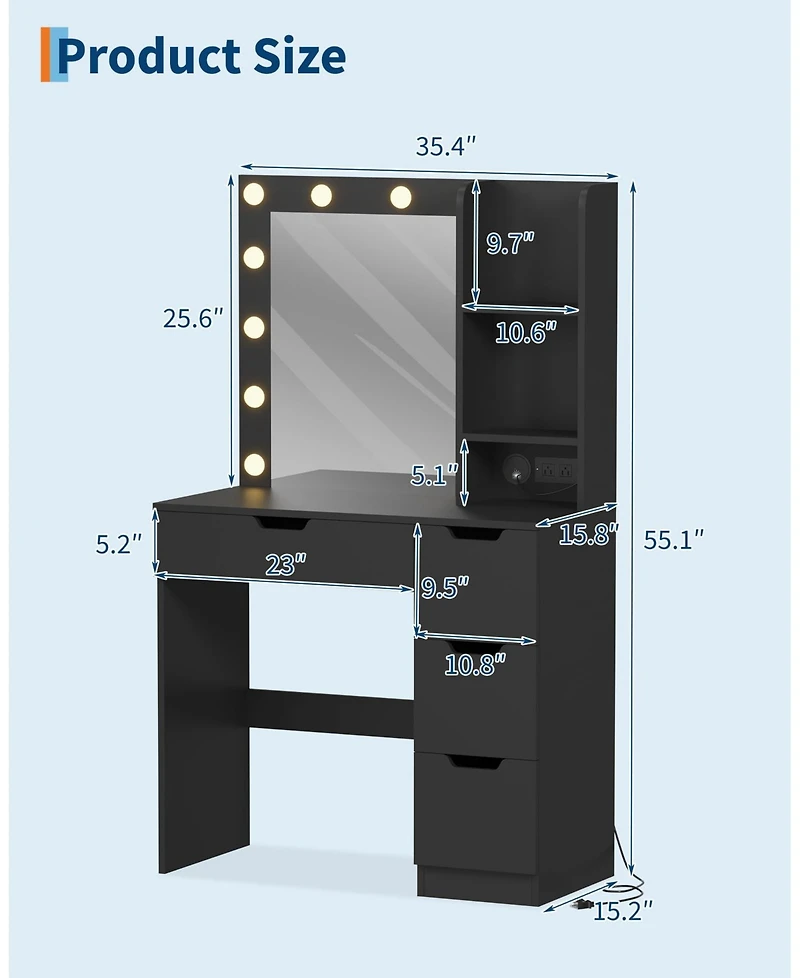 Modern Vanity Desk with Mirror, Power Outlet, 4 Drawer & Three Level Storage