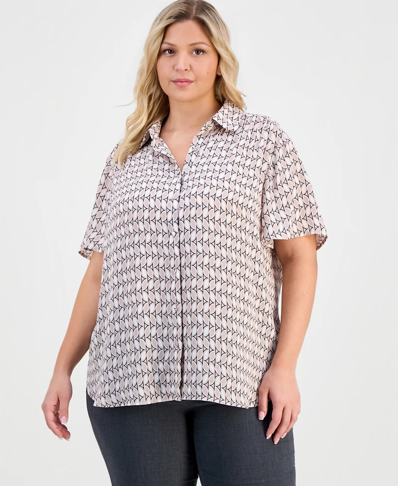 Anne Klein Plus Printed Short-Sleeve Button-Front Shirt