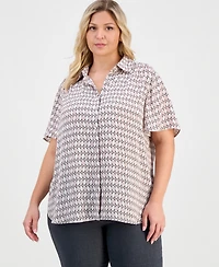 Anne Klein Plus Printed Short-Sleeve Button-Front Shirt