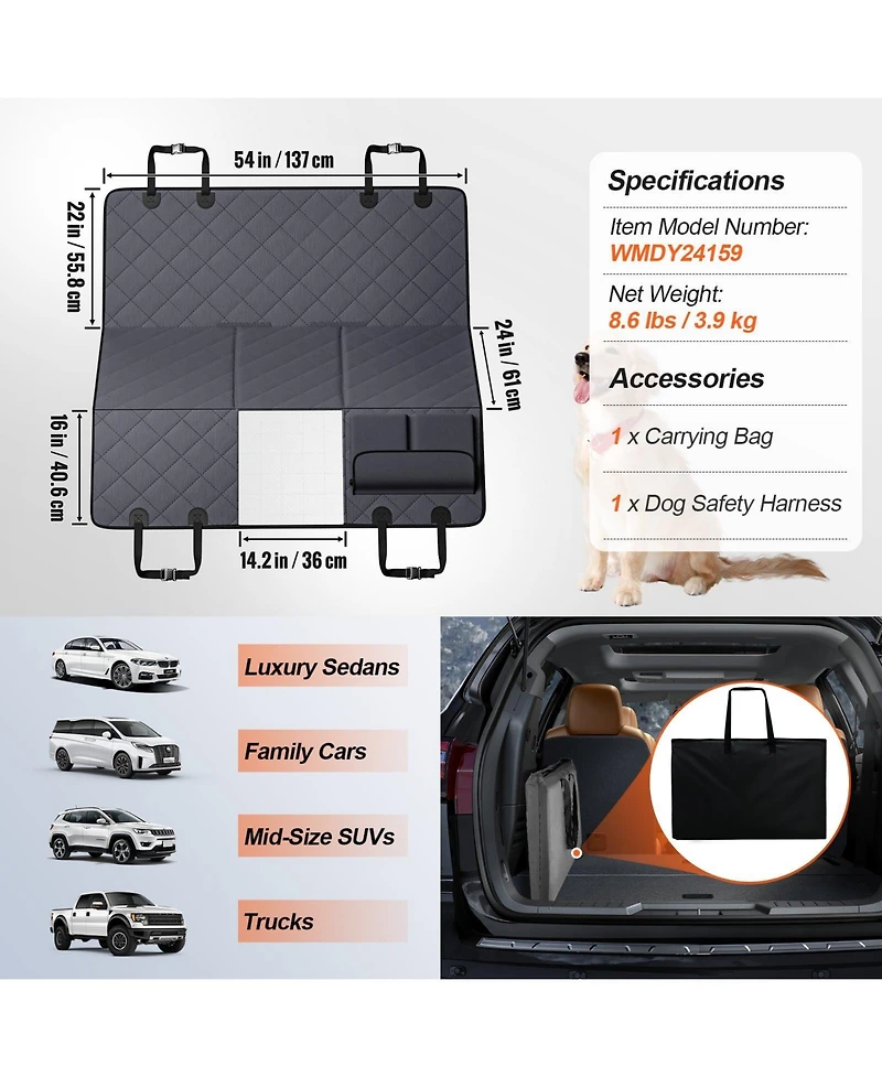 Cozito Waterproof Dog Car Seat Cover for Back Seat, 54 x 24 in, 600D Heavy-Duty Protection for Cars