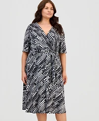 Kasper Plus Printed Knit Faux-Wrap Belted Dress