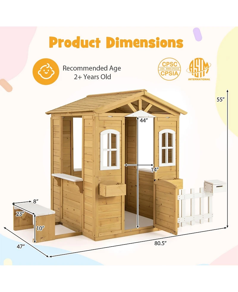 Sugift Wood Playhouse with Bench and Serving Stations for 2+ Years Old Kids