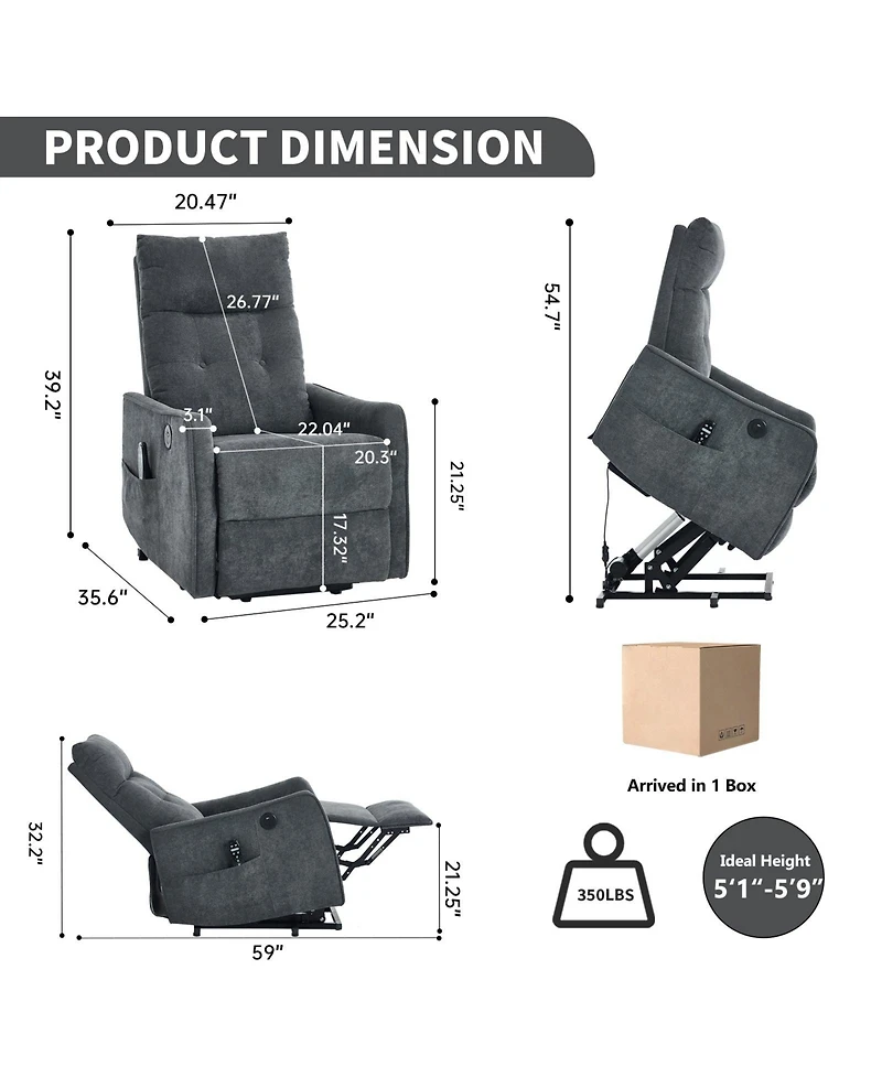 Boyel Living Chenille Power Lift Recliner Chair 155° Recliner with Massage Heat Usb for Indoor Elderly