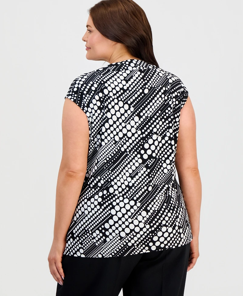 Kasper Plus Printed Cowlneck Cap-Sleeve Knit Top