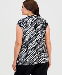 Kasper Plus Printed Cowlneck Cap-Sleeve Knit Top