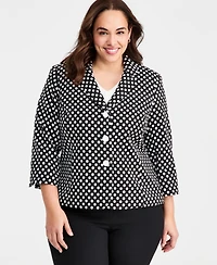 Kasper Plus Dot-Jacquard 3/4-Sleeve Jacket