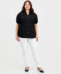 Kasper Plus Button-Front Pleated-Sleeve Top