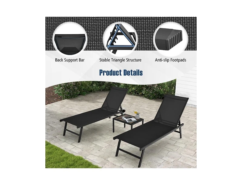 Slickblue 3 Pieces Patio Chaise Lounge Chair and Table Set for Poolside Yard
