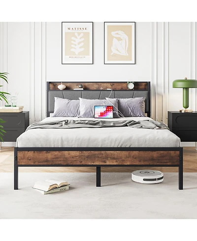 Simplie Fun Vintage Brown and Gray Queen Bed Frame with Storage Headboard & Charging Station