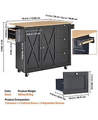 Volenca 56" Kitchen Island Cart with Wood Top, Storage Cabinet, Drop Leaf, Drawer, Adjustable Shelf, Spice Rack, Towel Bar, Hooks